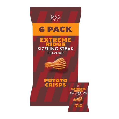 M&S Sizzling Steak Extreme Ridge Cut Crisps Multipack 6 x 25g (Pack of 3)