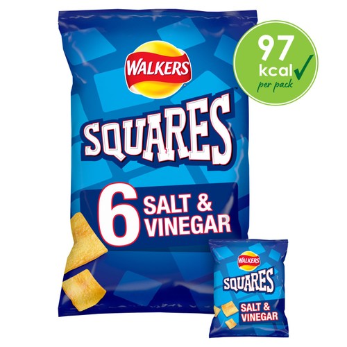 Walkers Squares Salt & Vinegar Multipack Snacks Crisps 6x22g (Pack of 3)