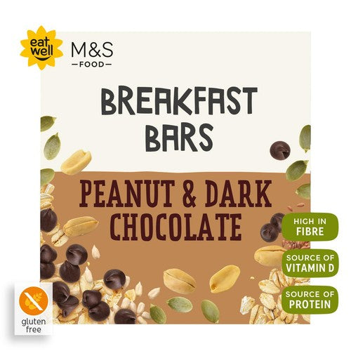 M&S 4 Peanut & Dark Chocolate Gluten  Free Breakfast Bars 4 x 38g (Pack of 3)