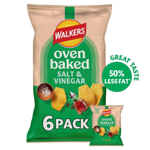 Walkers Baked Salt & Vinegar Multipack Snacks Crisps 6 x 22g (Pack of 3)