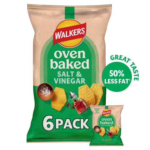 Walkers Baked Salt & Vinegar Multipack Snacks Crisps 6 x 22g (Pack of 3)