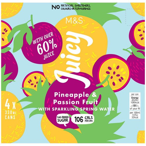 MS Juicy Pineapple Passion Fruit Sparkling Spring Water 4 x 330ml (Pack 2)