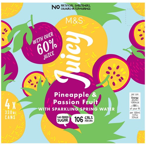 MS Juicy Pineapple Passion Fruit Sparkling Spring Water 4 x 330ml (Pack 2)