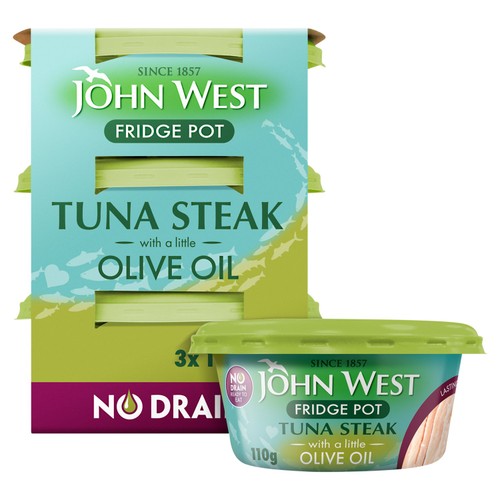 John West No Drain Fridge Pot Tuna Steak Olive Oil 3 x 110g (Pack 3)