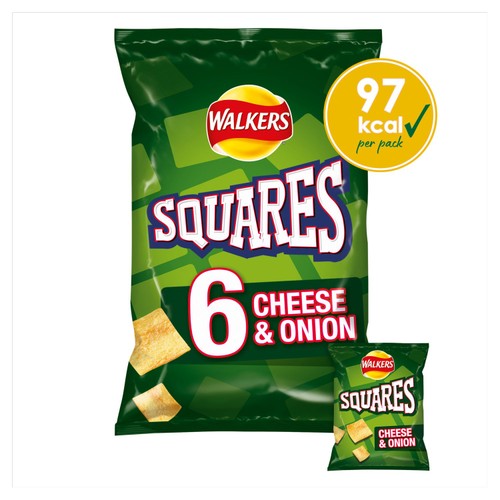 Walkers Squares Cheese & Onion Multipack Snacks Crisps 6x22g (Pack of 3)