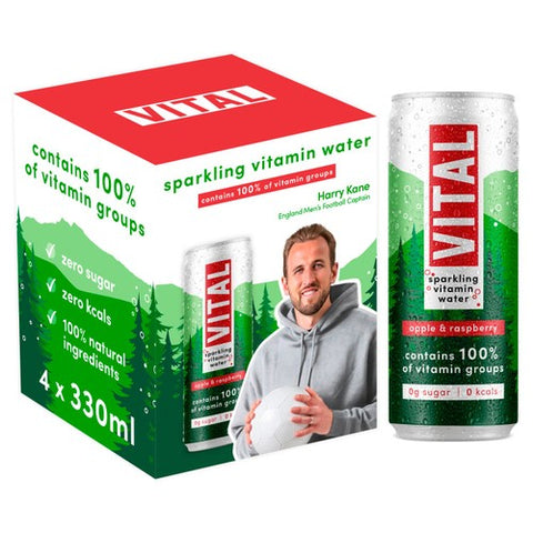 VITAL Drinks Sparkling Apple & Raspberry Vitamin Water 4 x 330ml (Pack of 2)