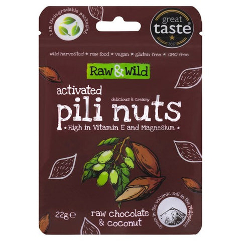 Raw & Wild Activated Pili Nuts Raw Chocolate & Coconut Organic 22g (Pack of 3)