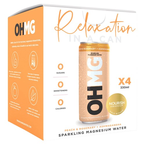 OHMG Peach sparkling magnesium water 4 x 330ml (Pack of 2)