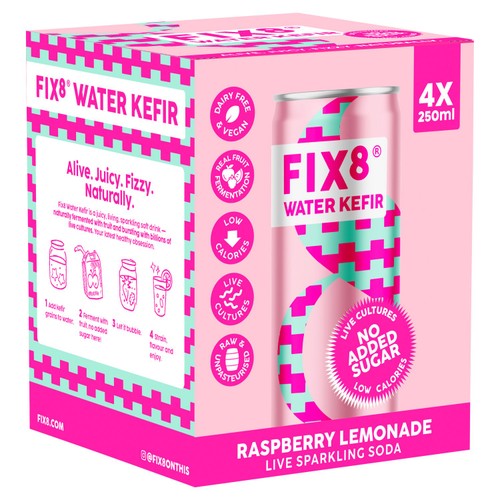 Fix8 Water Kefir Raspberry Lemonade 4 x 250ml (Pack of 2)