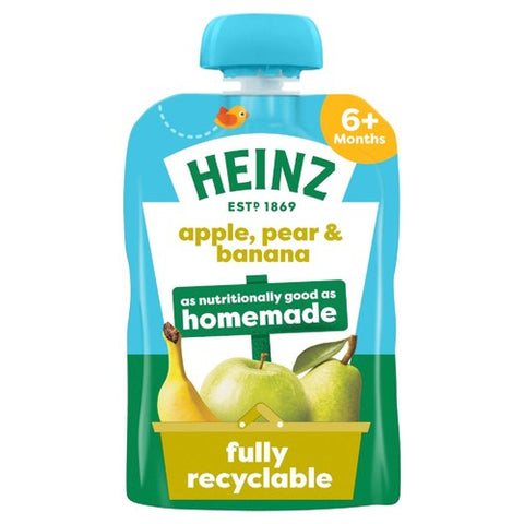 Heinz Apple, Pear Banana Fruit Puree Pouch Baby Food 6+ Months 100g (Pack 3)