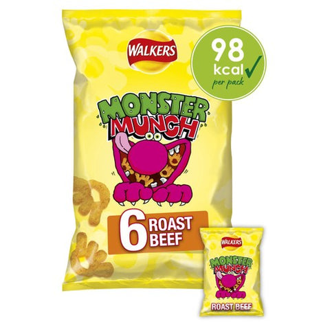 Walkers Monster Munch Roast Beef Multipack Snacks Crisps 6x20g (Pack of 3)