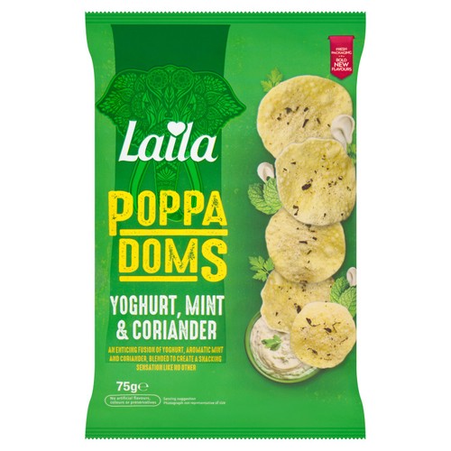 Laila Mini Poppadoms Yoghurt  Mint & Coriander 75g (Pack of 6)