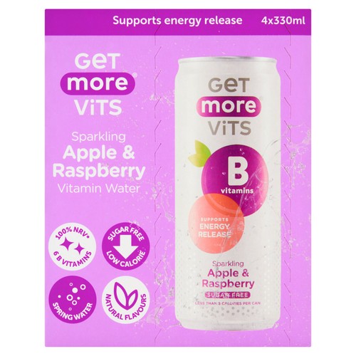 Get More B Vitamins Sparkling Apple & Raspberry 4 x 330ml (Pack of 2)