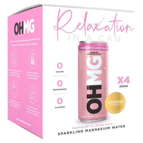 OHMG Raspberry sparkling magnesium water 4 x 330ml (Pack of 2)