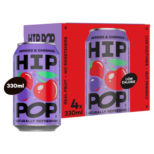 Hip Pop Berries & Cherries Fizzy Drink 4 x 330ml (Pack of 2)