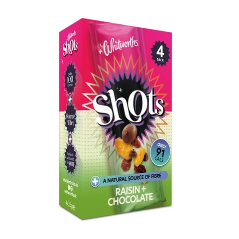 Whitworths Shots Snack Pack Raisin & Chocolate 4 x 25g (Pack of 2)