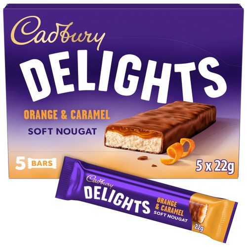 Cadbury Delights Soft Nougat Orange & Caramel Chocolate Bars 5 x 22g (Pack of 3)