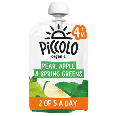 Piccolo Pear, Apple, & Spring Green Organic Pouch, 4 mths+ 100g (Pack of 2)