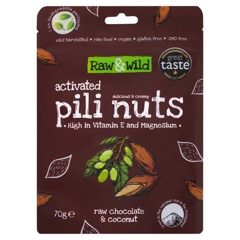 Raw & Wild Activated Pili Nuts Raw Chocolate & Coconut Organic 70g (Pack of 3)