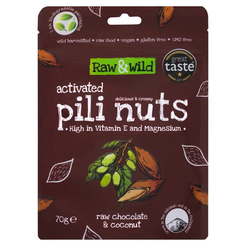 Raw & Wild Activated Pili Nuts Raw Chocolate & Coconut Organic 70g (Pack of 3)