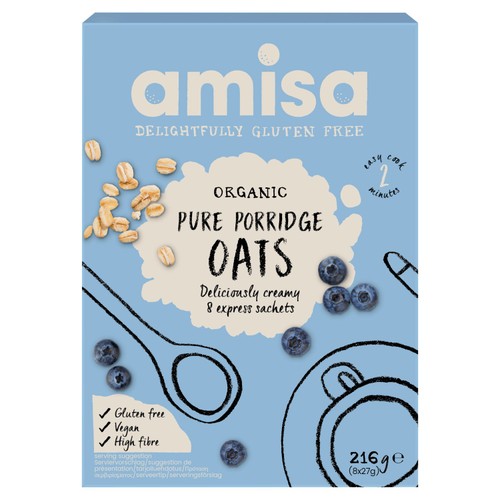 Amisa Organic Gluten Free Pure Porridge Oats Express Sachets 8 x 27g (Pack of 3)