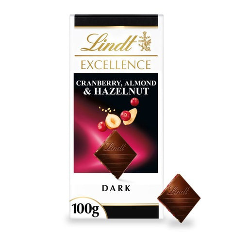 Lindt Excellence Cranberry, Almond Hazelnut Dark Chocolate Bar 100g (Pack 3)