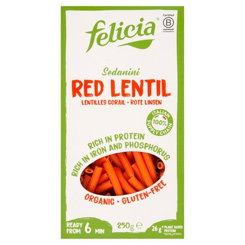 Felicia Gluten Free Organic Red Lentil  Protein Sedanini Pasta 250g (Pack of 3)