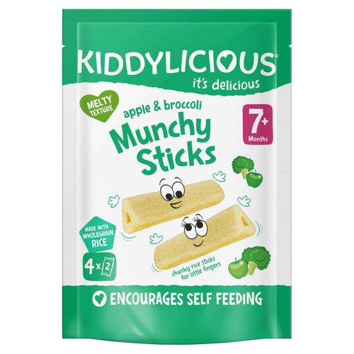 Kiddylicious Apple & Broccoli Munchy Sticks Baby Snacks Multi 4 x 4g (Pack of 3)