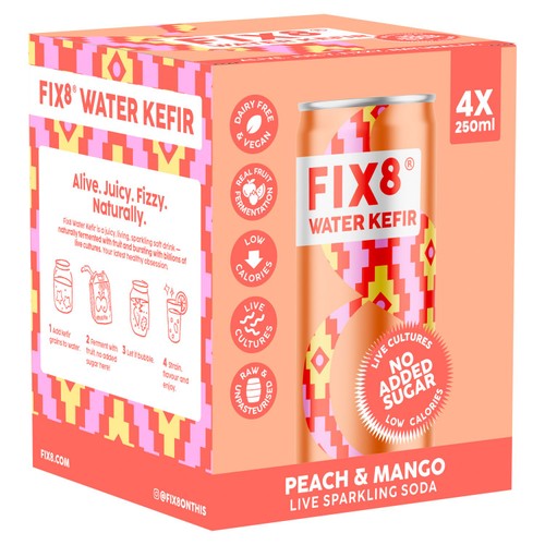 Fix8 Water Kefir Peach + Mango 4 x 250ml (Pack of 2)