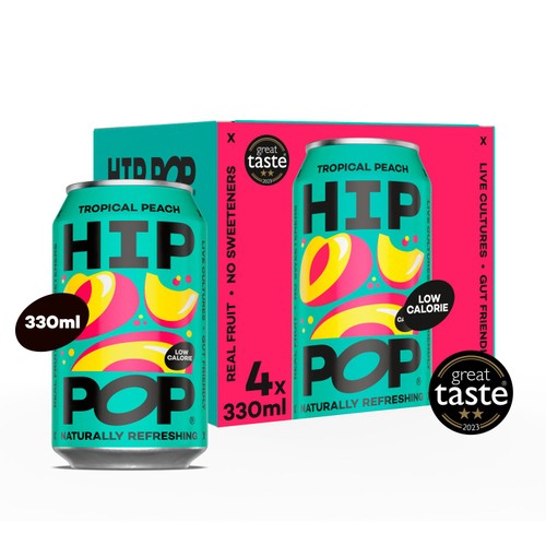Hip Pop Tropical Peach Fizzy Drink 4 x 330ml (Pack of 2)