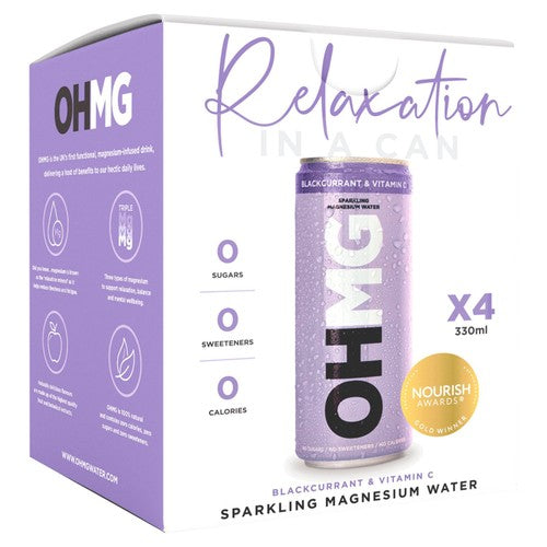 OHMG Blackcurrant sparkling magnesium water 4 x 330ml (Pack of 2)