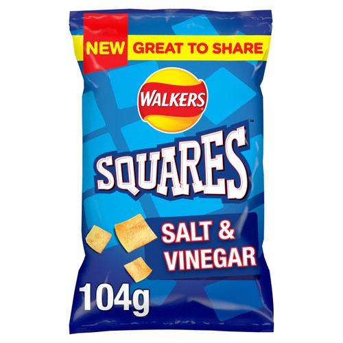 Walkers Squares Salt & Vinegar Sharing Snacks Crisps 104g (Pack of 3)