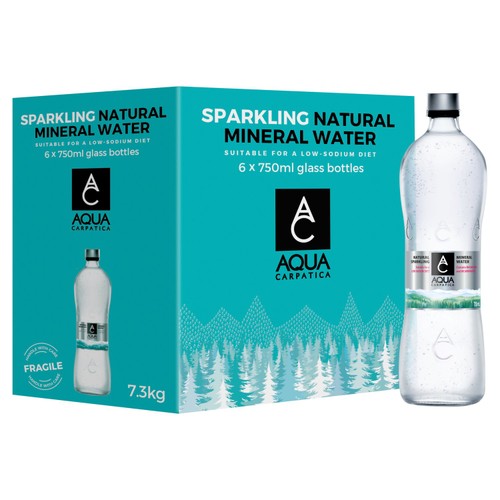 AQUA Carpatica Glass Naturally Sparkling Mineral Water Nitrates Free 6 x 750ml (Pack of 2)