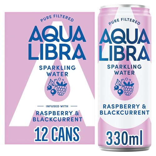 Aqua Libra Raspberry and Blackcurrant Infused Sparkling Water 12 x 330ml (Pack of 2)
