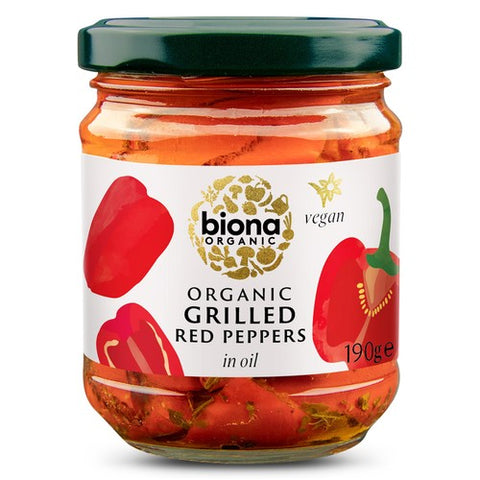 Biona Organic Grilled Red Peppers in Oil 190g (Pack of 3)