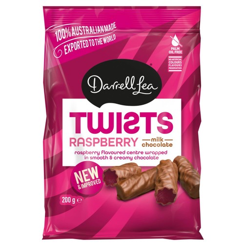Darrell Lea Chocolate Coated Raspberry Liquorice Twists 200g (Pack of 6)