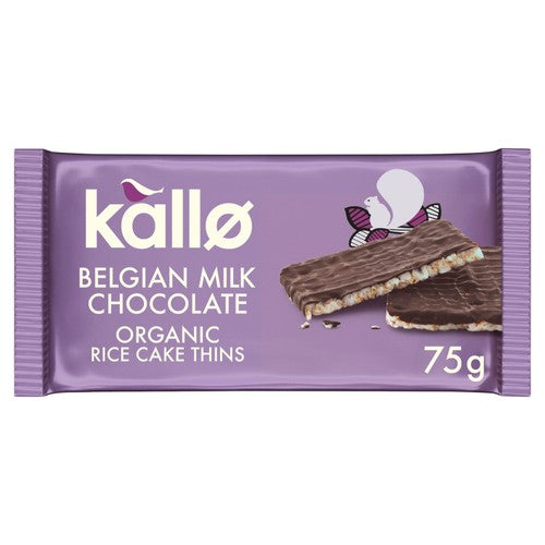 Kallo Belgian Milk Chocolate Organic Rice Cake Thins 75g (Pack of 3)