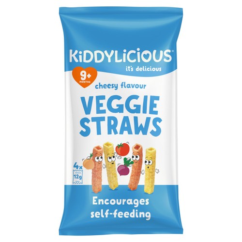 Kiddylicious Cheesy Flavoured Veggie Straws Baby Snacks Multi 4 x 12g (Pack 3)