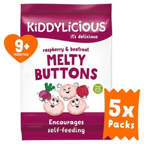 Kiddylicious Raspbery Beetroot Melty Buttons Baby Snacks Multi 5 x 6g (Pack 3)