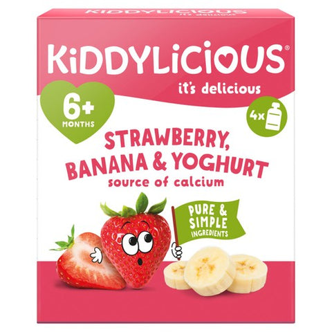 Kiddylicious Strawberry, Banana Yoghurt Pouch Food multi 6m+ 4 x 100g (Pack 3)
