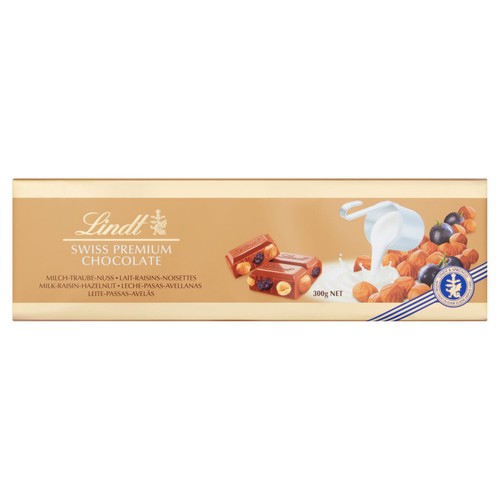 Lindt Gold Bar Milk Chocolate, Hazelnut & Raisin 300g (Pack of 3)