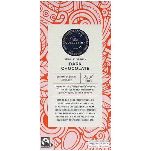 M&S Collection 75% Ecuadorian Dark Chocolate 100g (Pack of 3)