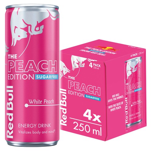 Red Bull Energy Drink Sugar Free Peach Edition White Peach 4 x 250ml (Pack of 2)