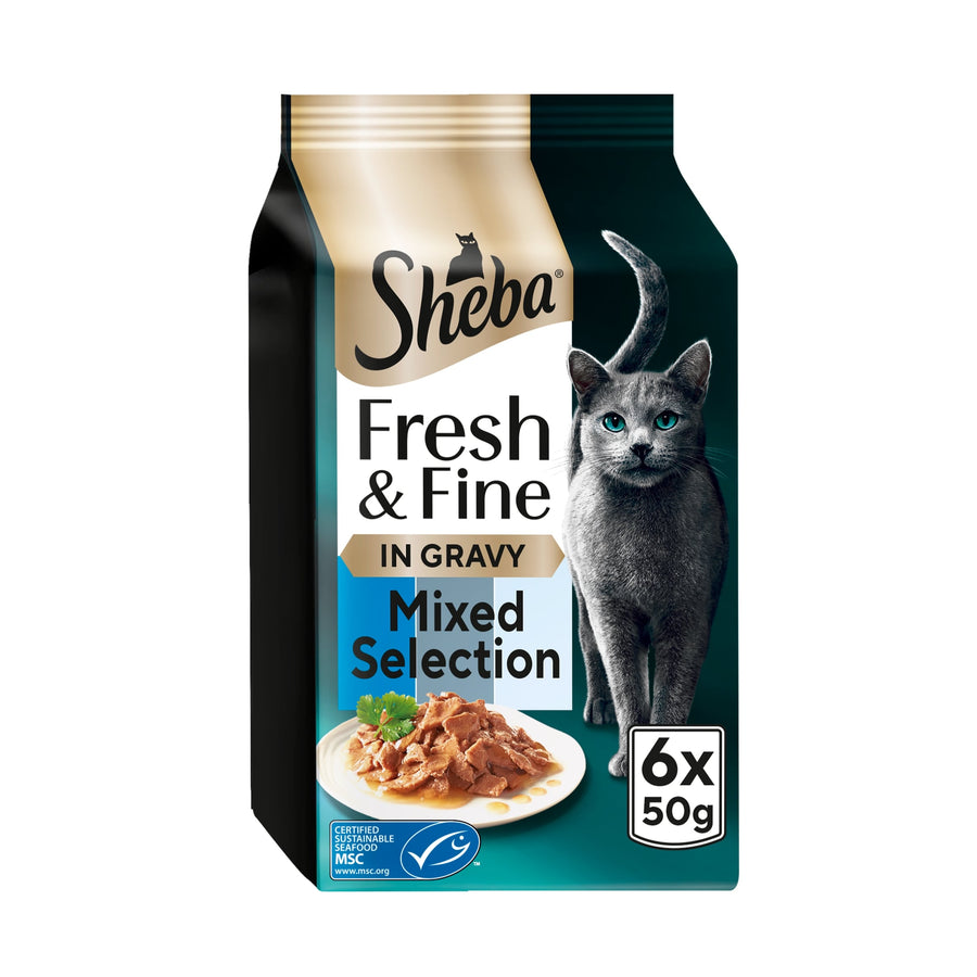 SHEBA Fresh & Fine Wet Cat Food Pouches with Tuna & Cod & Whitefish in Gravy 6x50g