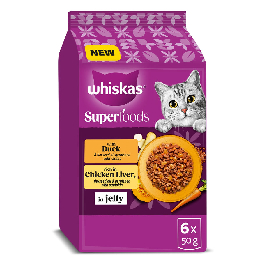 WHISKAS 1+ Years Cat Superfoods with Duck & Rich in Chicken Liver 6x50g