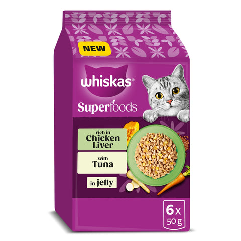 WHISKAS 1+ Years Cat Superfoods Rich in Chicken Liver with Tuna in Jelly 6x50g