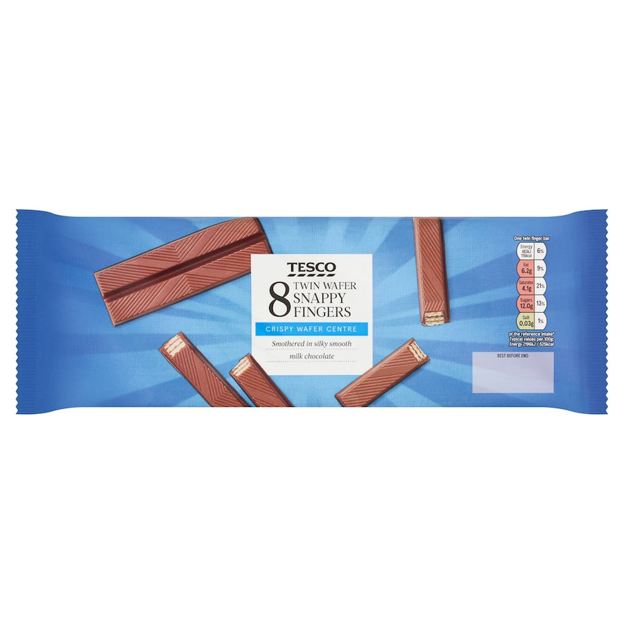 Tesco Snappy Fingers Milk Chocolate Wafer Biscuit Bars Multipack, 8 Pack 172g