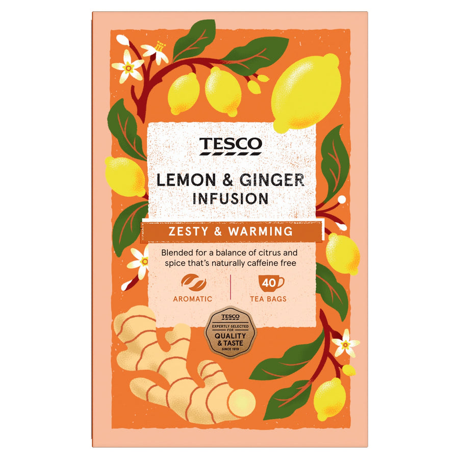 Tesco Lemon & Ginger 40 Tea Bags 80G