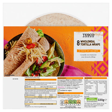Tesco Wholemeal Tortilla Wraps 8 Pack 320g
