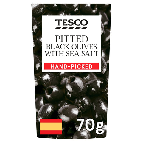 Tesco Pitted Black Olives & Sea Salt 70G